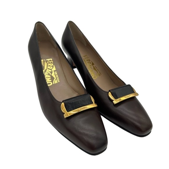 Salvatore Ferragamo Shoes - Vintage Salvatore Ferragamo Pumps Women's Size 6.5 AA Brown Leather Gold Buckle